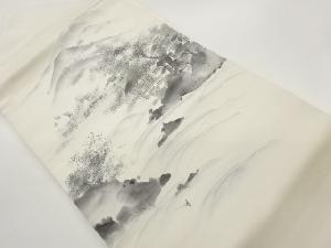 旭仙作　塩瀬手描き山並みに草木・民家風景模様名古屋帯